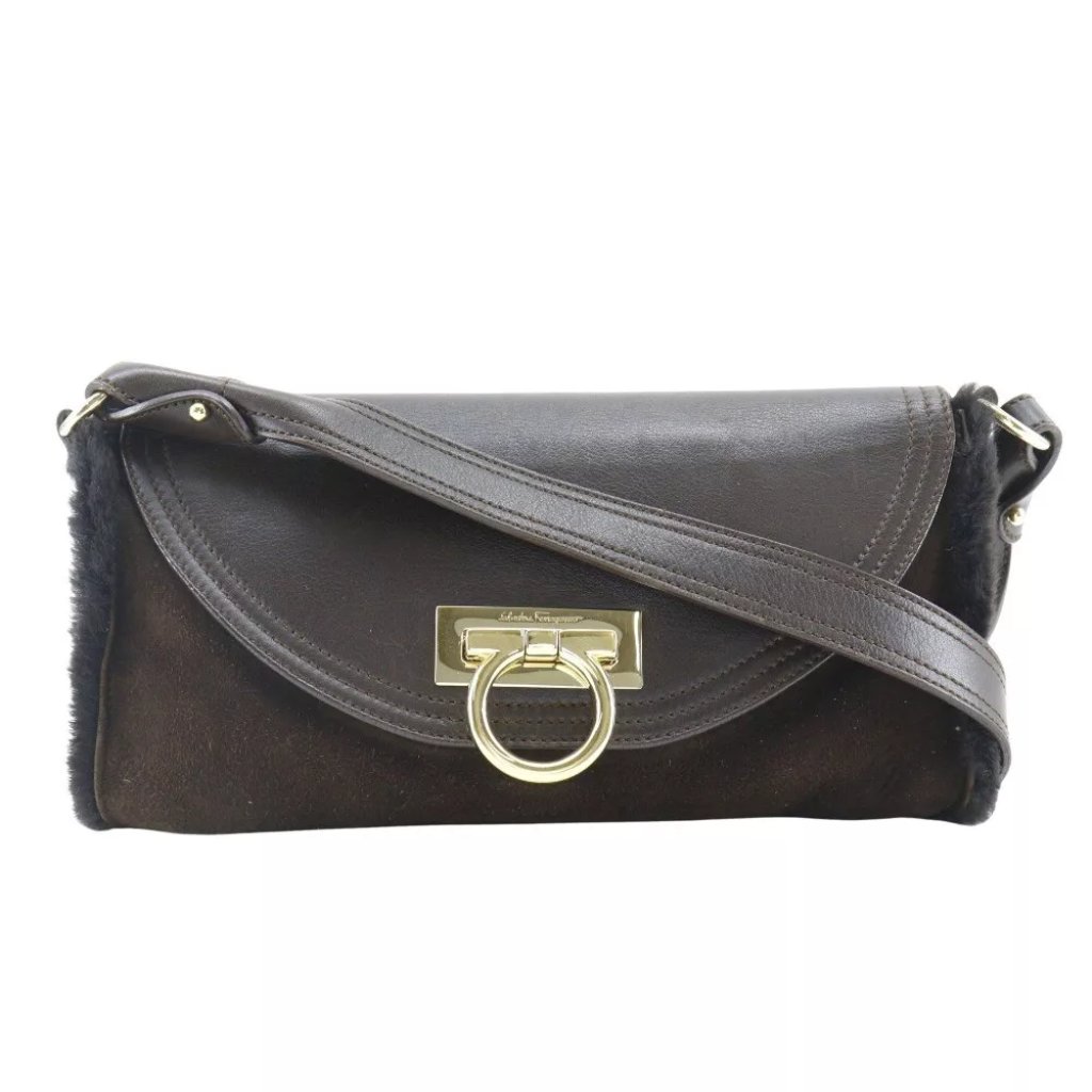 Salvatore Ferragamo Gancini Shoulder Bag Ez-21 4887 One Belt Brown Mouton ...